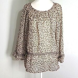 Jennifer & Grace Brown & White Print Top, Black Threaded Accents, Size Large